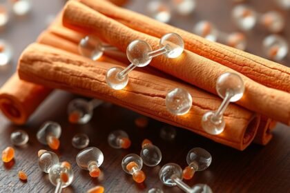 Fahéj rudak és molekulák közelképe díszítve