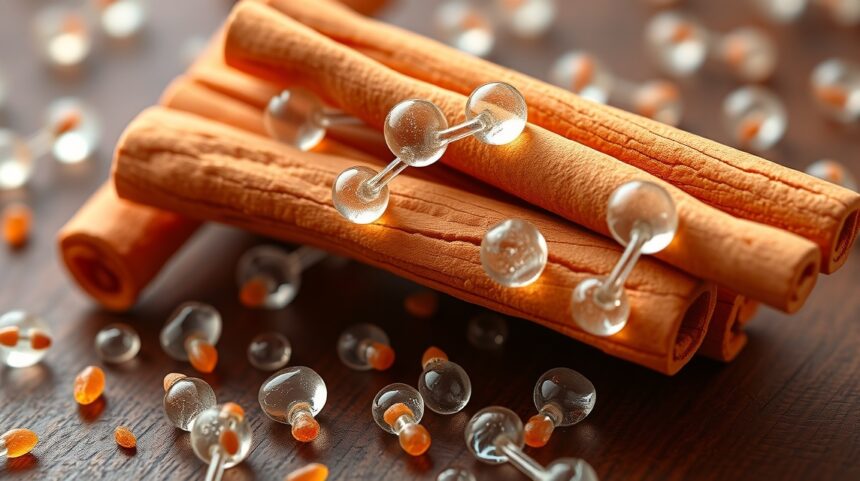 A fahéj vércukorszint-szabályozó hatása: tudományos megközelítés 1 Fahéj rudak és molekulák közelképe díszítve