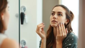 Nő bőrápolási rutin sminkelés előtt tükörben