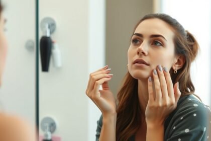 Nő bőrápolási rutin sminkelés előtt tükörben