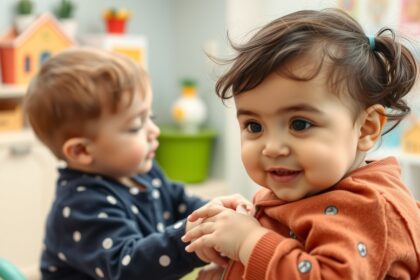 Két kisbaba játszik a bölcsődei környezetben.