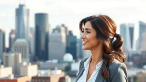 Felnőtt nő mosollyal a városi tájban, munka és szerelem harmonizálása.