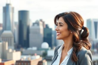 Felnőtt nő mosollyal a városi tájban, munka és szerelem harmonizálása.