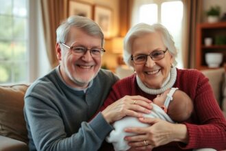 Boldog nagyszülők egy pici babával a kanapén.