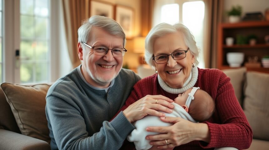 A baba első napjai a nagyszülőknél: Praktikus tippek 1 Boldog nagyszülők egy pici babával a kanapén.