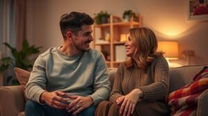 Párbeszéd egy boldog pár között a kanapén ülve