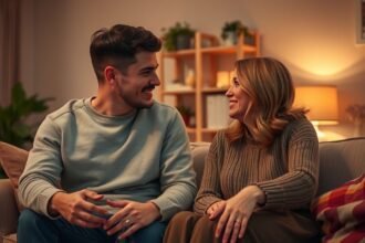 Párbeszéd egy boldog pár között a kanapén ülve