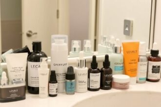 Arclemosók és bőrápoló termékek a fürdőszobában.