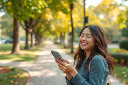 Optimista nő telefonját használja a parkban, online randizás közben.