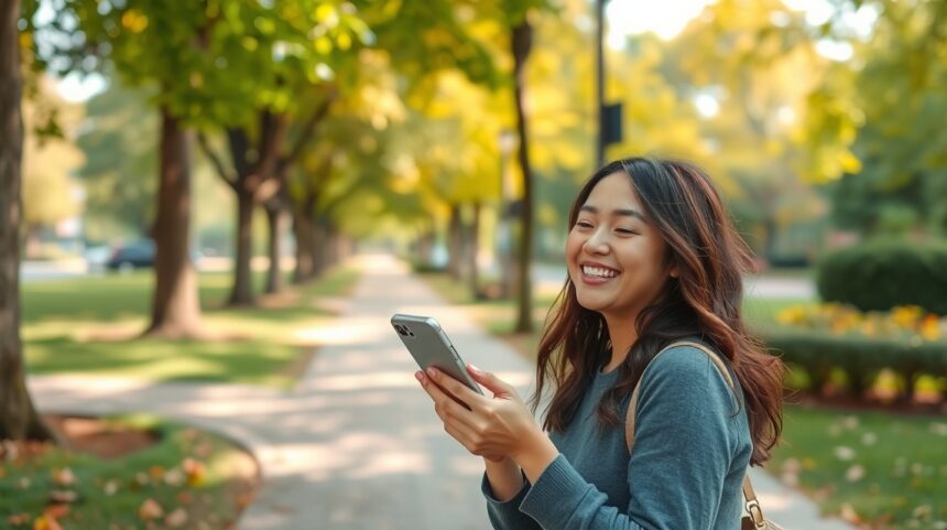 Optimista nő telefonját használja a parkban, online randizás közben.