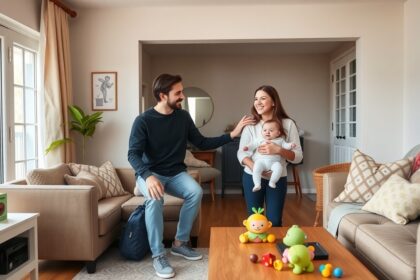 Babalátogatás a friss szülők otthonában, boldog pillanatok.