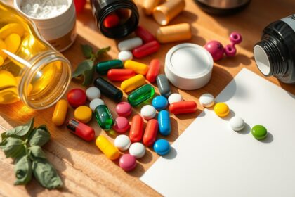 Változatos vitaminok és táplálékkiegészítők asztalon.