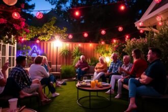 Kültéri összejövetel barátokkal a COVID után, világítással és finom étellel.