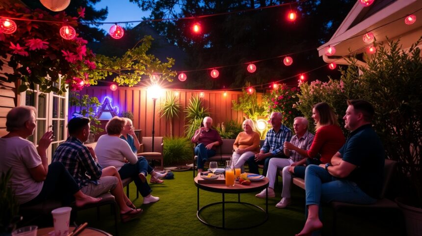 Tippek az első poszt-COVID összejövetel megtervezéséhez 1 Kültéri összejövetel barátokkal a COVID után, világítással és finom étellel.