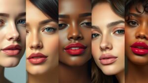 Nők különböző bőrtónusai és rúzs árnyalatai.