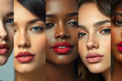 Nők különböző bőrtónusai és rúzs árnyalatai.