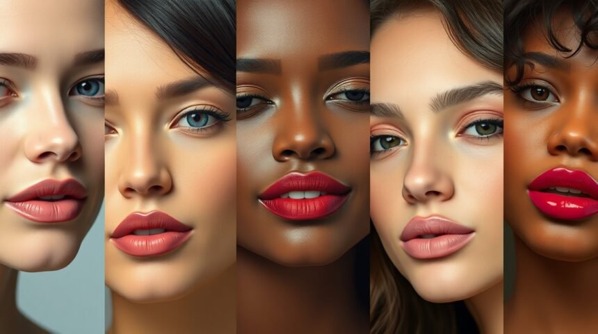Nők különböző bőrtónusai és rúzs árnyalatai.