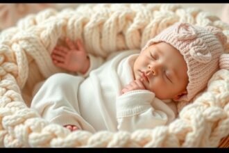 Újszülött baba rózsaszín sapkában, kényelmes kosárban pihenve