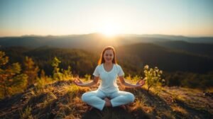 Egy nő meditál napfelkeltében a hegytetőn.