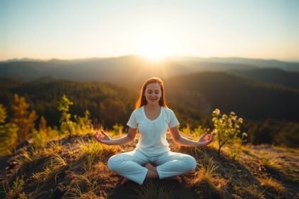 Egy nő meditál napfelkeltében a hegytetőn.