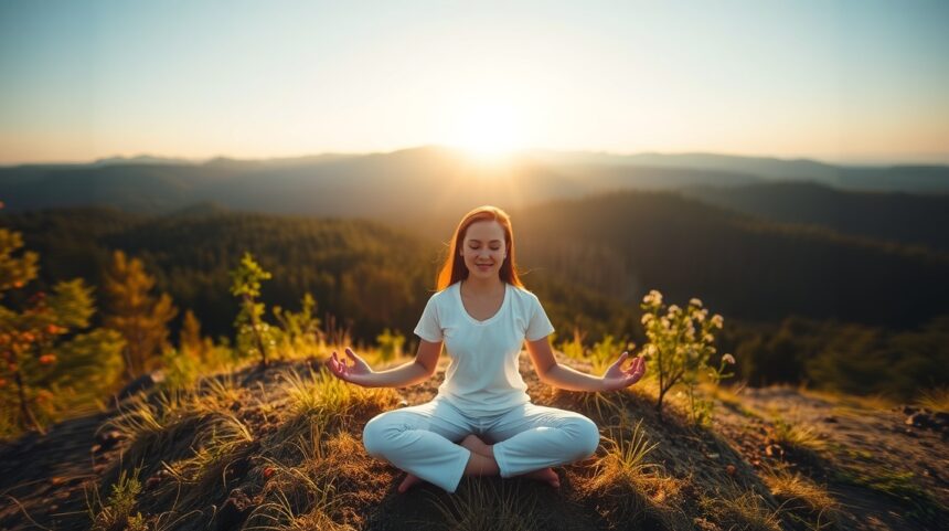Egy nő meditál napfelkeltében a hegytetőn.