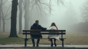 womensway 130 Pár ül egy padon, fogják egymás kezét a ködös parkban.