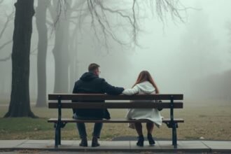 Pár ül egy padon, fogják egymás kezét a ködös parkban.