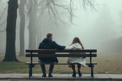 Pár ül egy padon, fogják egymás kezét a ködös parkban.