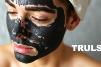 A fiatal nő arca aktív szenes arcpakolással a bőrápolásban.