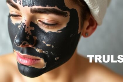 A fiatal nő arca aktív szenes arcpakolással a bőrápolásban.