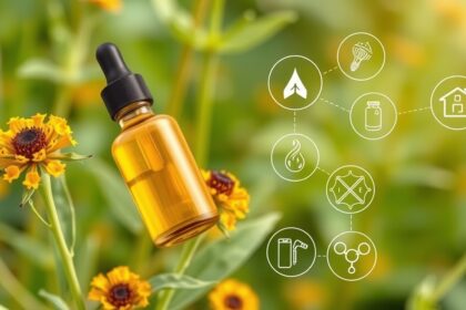 Feketeköményolaj üveg üveg cseppentő, virágok között.