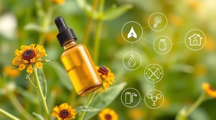 A feketeköményolaj használatának 8 elképesztő előnye 1 Feketeköményolaj üveg üveg cseppentő, virágok között.