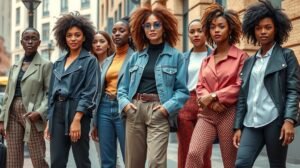 Női divatcsoport különböző stílusú ruhákban a városban