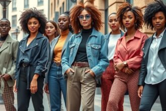 Női divatcsoport különböző stílusú ruhákban a városban