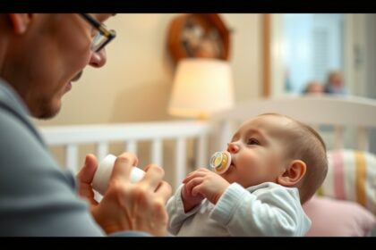 Baba cumival néz a szülőre, miközben cumisüveget tart a kezében.