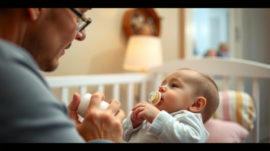 Mit tegyél, ha a baba nem fogadja el a cumit, cumisüveget vagy cumitallért? 1 Baba cumival néz a szülőre, miközben cumisüveget tart a kezében.