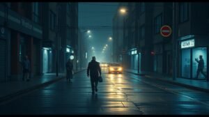 Üres utca esős időben, egy férfi sétál a városban.