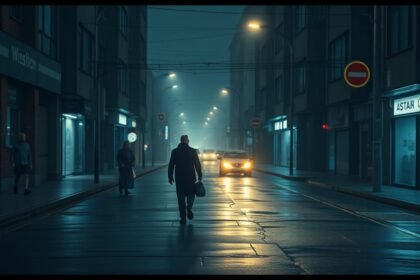 Üres utca esős időben, egy férfi sétál a városban.