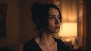 Egy nő introspektíven néz ki egy megvilágított szobában.