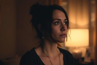 Egy nő introspektíven néz ki egy megvilágított szobában.