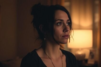 Egy nő introspektíven néz ki egy megvilágított szobában.