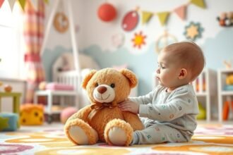 Kisbaba játszik egy plüssmaci társaságában otthoni környezetben.