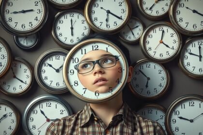 Fiatal lány, akinek az arca óra keretébe van ágyazva.