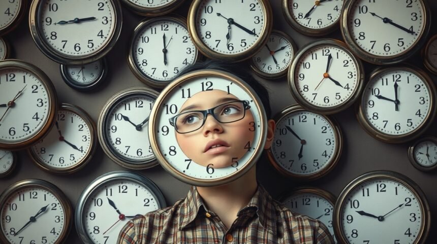 Fiatal lány, akinek az arca óra keretébe van ágyazva.