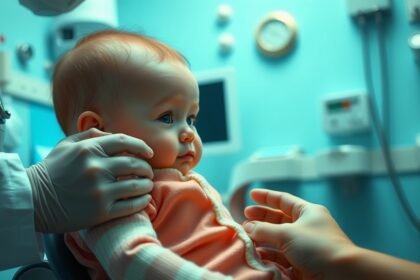 Baba orvosi vizsgálaton, látható a szülő aggódó keze.