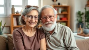 Idősebb pár boldog mosollyal a kanapén, a tartós házasságról.