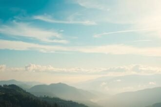 Festői hegyek és felhők a kék égen