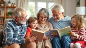 Nagyszülők és unokák közösen olvasnak könyvet, családi kapcsolatokat ápolva.