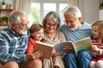 Nagyszülők és unokák közösen olvasnak könyvet, családi kapcsolatokat ápolva.