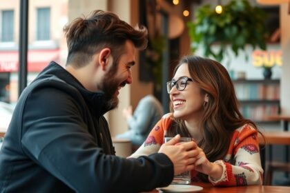 Fiatal pár nevet, míg kávézóban ülnek, harmadik randin.